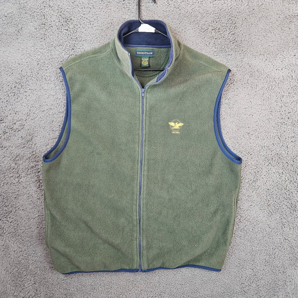 IZOD Club Mens XL Fleece Vest Olive Green Full Zip The Tides Logo